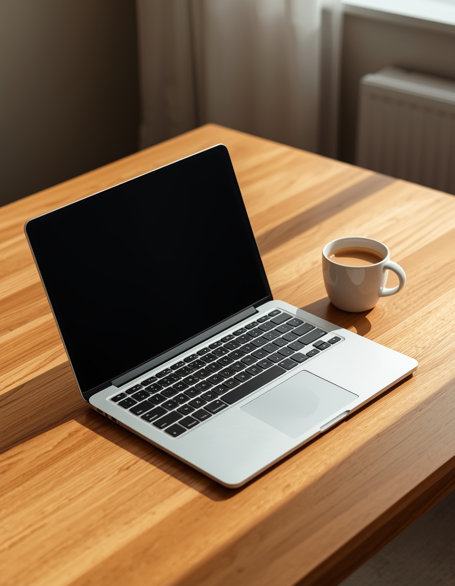 En bärbar dator och en kopp kaffe på ett träbord som representerar en studieplats för IT.