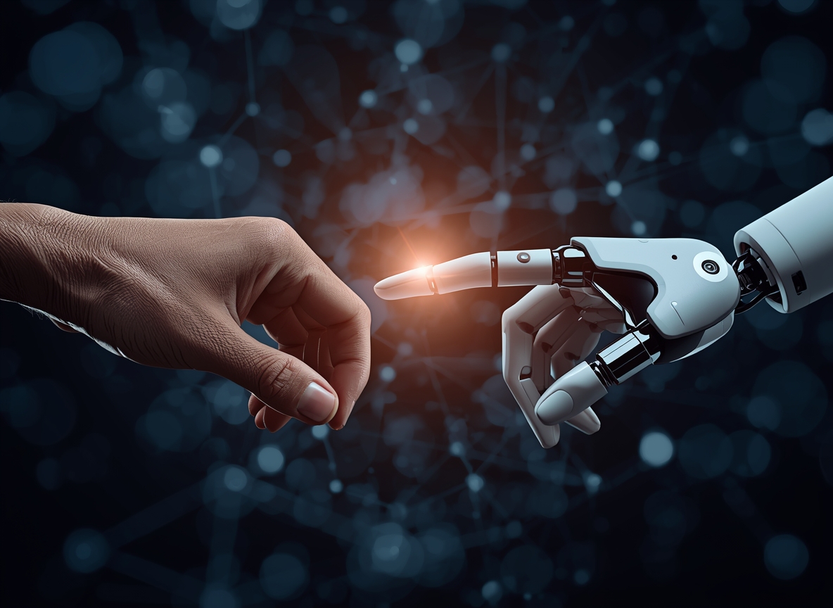 En konceptuell närbild av en hand som rör vid en digital hand, vilket symboliserar mänsklig koppling till teknologi och digital inkludering.